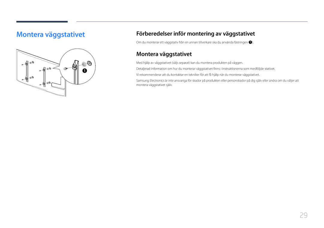 Samsung LH55MECPLGC/EN, LH32MECPLGC/EN, LH46MECPLGC/EN Montera väggstativet, Förberedelser inför montering av väggstativet 