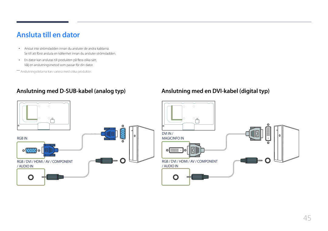 Samsung LH55MECPLGC/EN, LH32MECPLGC/EN, LH46MECPLGC/EN manual Ansluta till en dator, Anslutning med D-SUB-kabel analog typ 