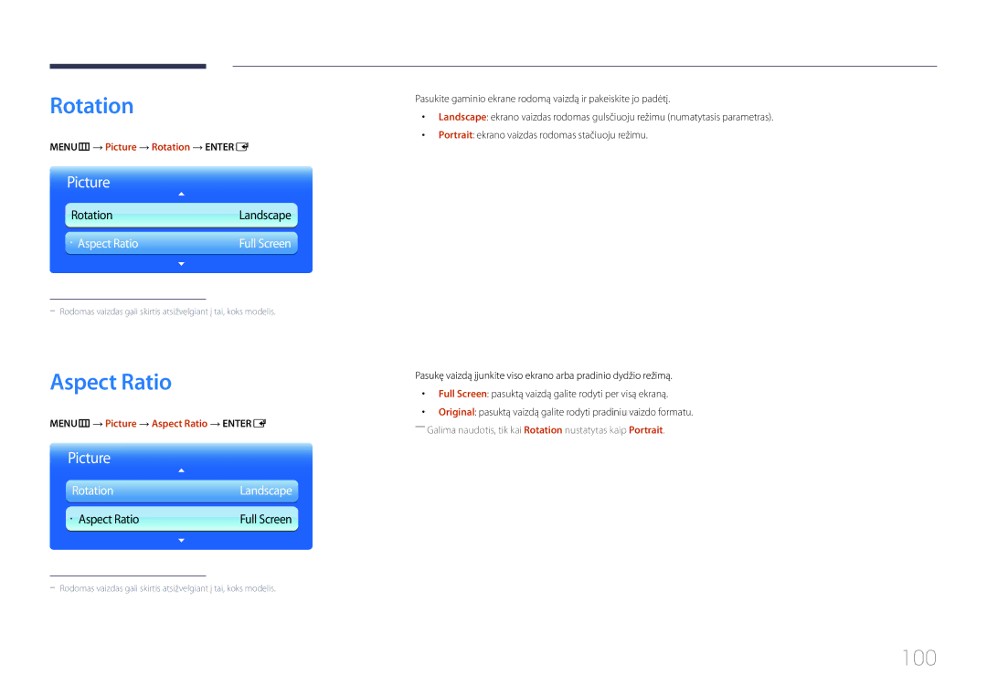 Samsung LH32MECPLGC/EN manual 100, MENUm → Picture → Rotation → Entere, MENUm → Picture → Aspect Ratio → Entere 