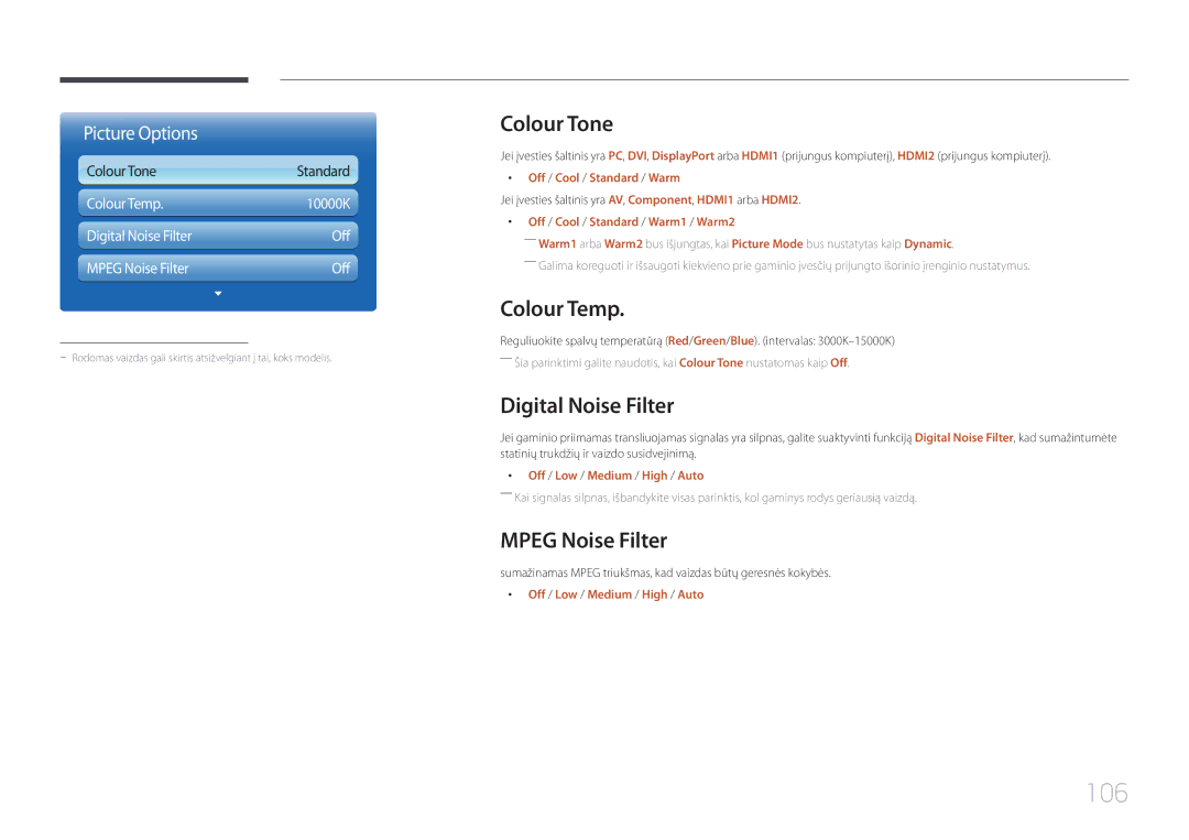 Samsung LH46MECPLGC/EN, LH32MECPLGC/EN manual 106, Colour Tone, Colour Temp, Digital Noise Filter, Mpeg Noise Filter 