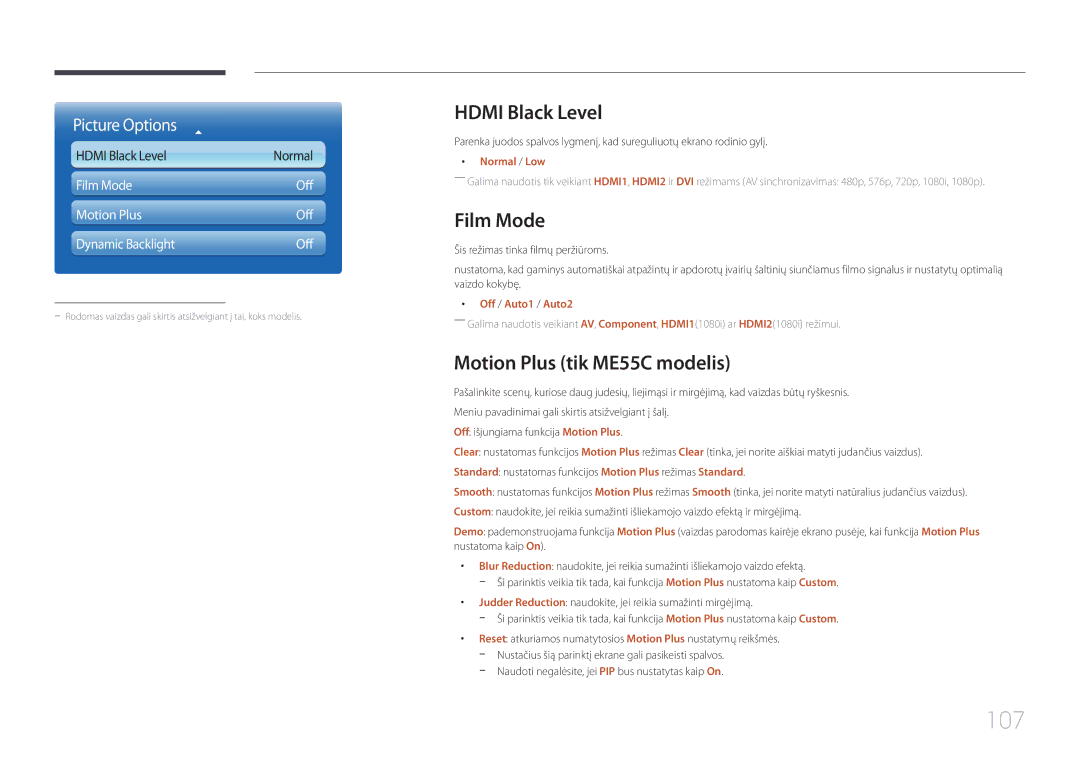 Samsung LH40MECPLGC/EN, LH32MECPLGC/EN, LH55MECPLGC/EN manual 107, Hdmi Black Level, Film Mode, Motion Plus tik ME55C modelis 