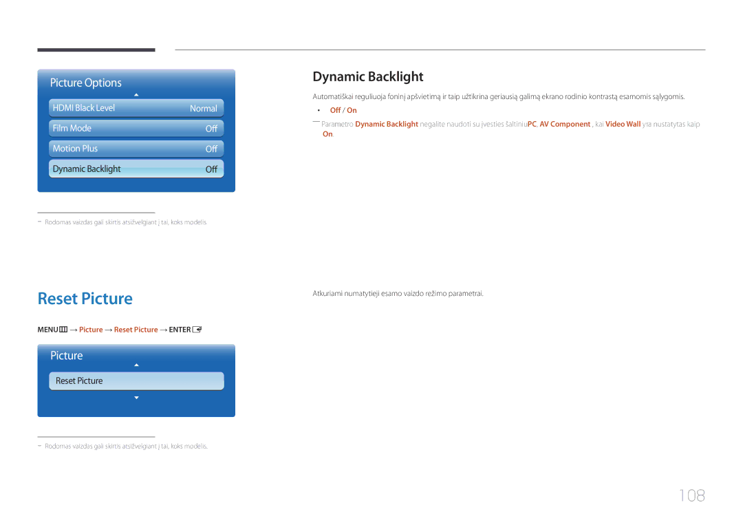 Samsung LH32MECPLGC/EN, LH55MECPLGC/EN, LH46MECPLGC/EN 108, Dynamic Backlight, MENUm → Picture → Reset Picture → Entere 