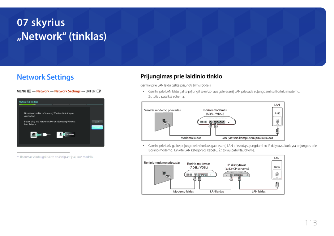 Samsung LH55MECPLGC/EN, LH32MECPLGC/EN manual „Network tinklas, Network Settings, 113, Prijungimas prie laidinio tinklo 