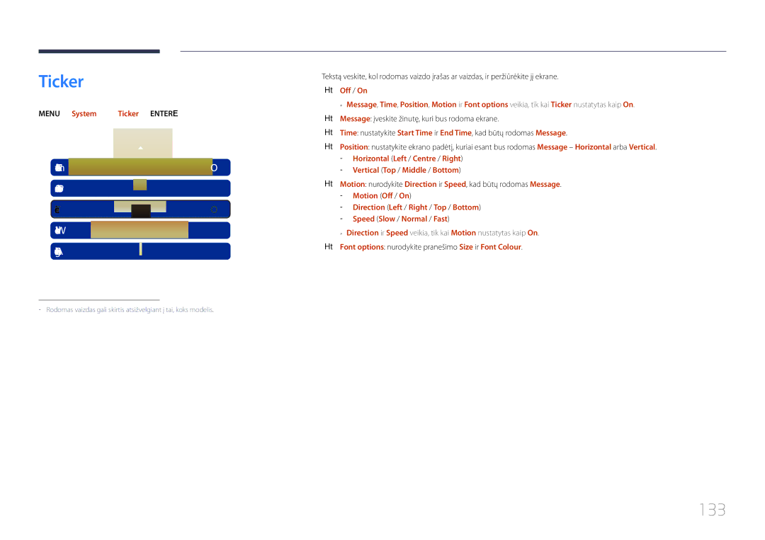 Samsung LH55MECPLGC/EN, LH32MECPLGC/EN manual 133, MENUm → System → Ticker → Entere, Vertical Top / Middle / Bottom 