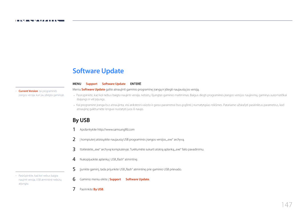 Samsung LH40MECPLGC/EN, LH32MECPLGC/EN manual Palaikymas, 147, By USB, MENUm → Support → Software Update → Entere 