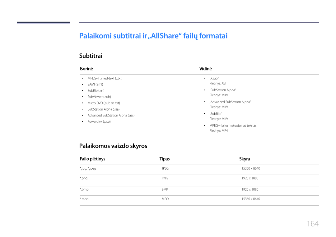 Samsung LH32MECPLGC/EN manual Palaikomi subtitrai ir„AllShare failų formatai, 164, Subtitrai, Palaikomos vaizdo skyros 