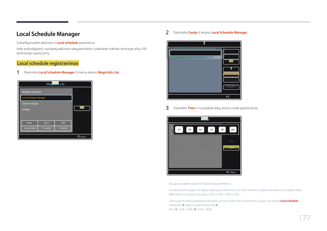 Samsung LH55MECPLGC/EN, LH32MECPLGC/EN, LH46MECPLGC/EN manual 177, Local Schedule Manager, Local schedule registravimas 