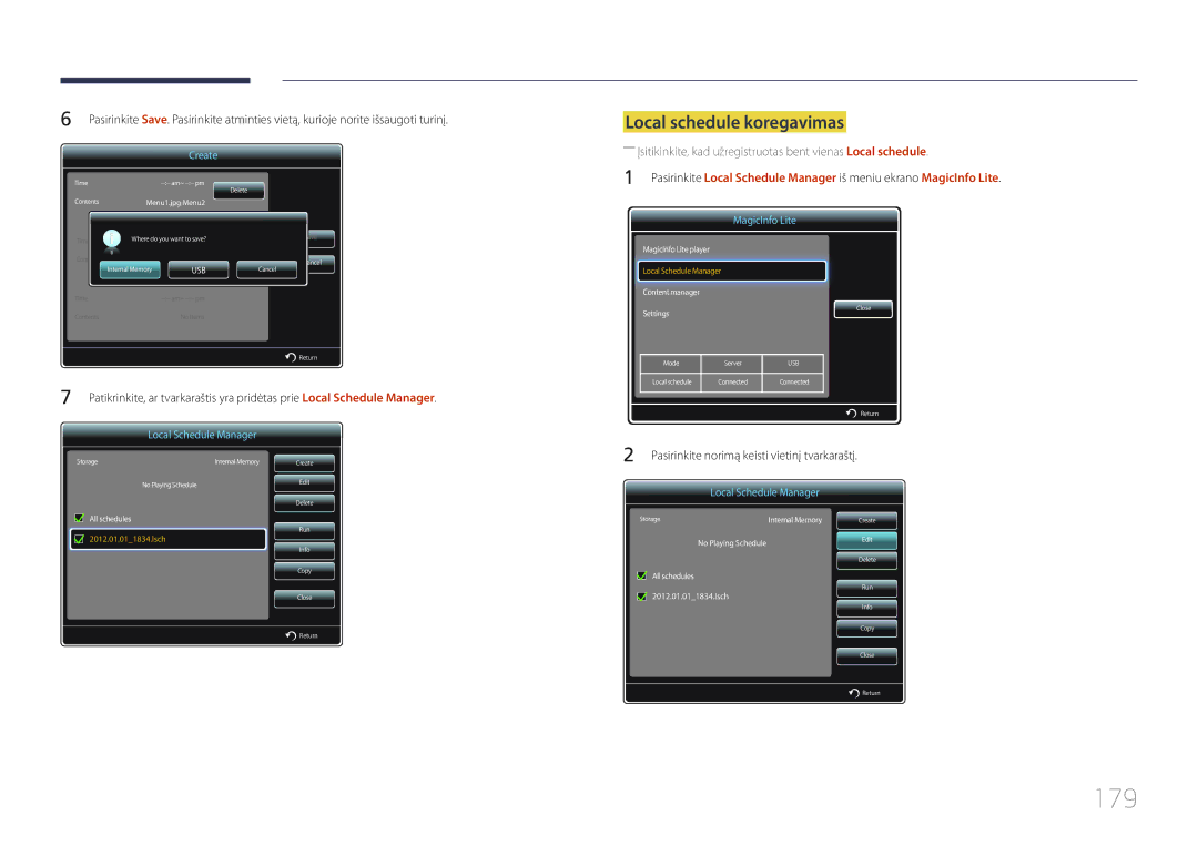 Samsung LH40MECPLGC/EN, LH32MECPLGC/EN, LH55MECPLGC/EN, LH46MECPLGC/EN manual 179, Local schedule koregavimas 