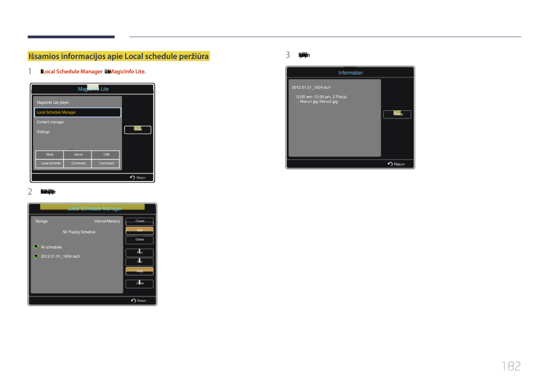 Samsung LH46MECPLGC/EN, LH32MECPLGC/EN, LH55MECPLGC/EN manual 182, Išsamios informacijos apie Local schedule peržiūra 