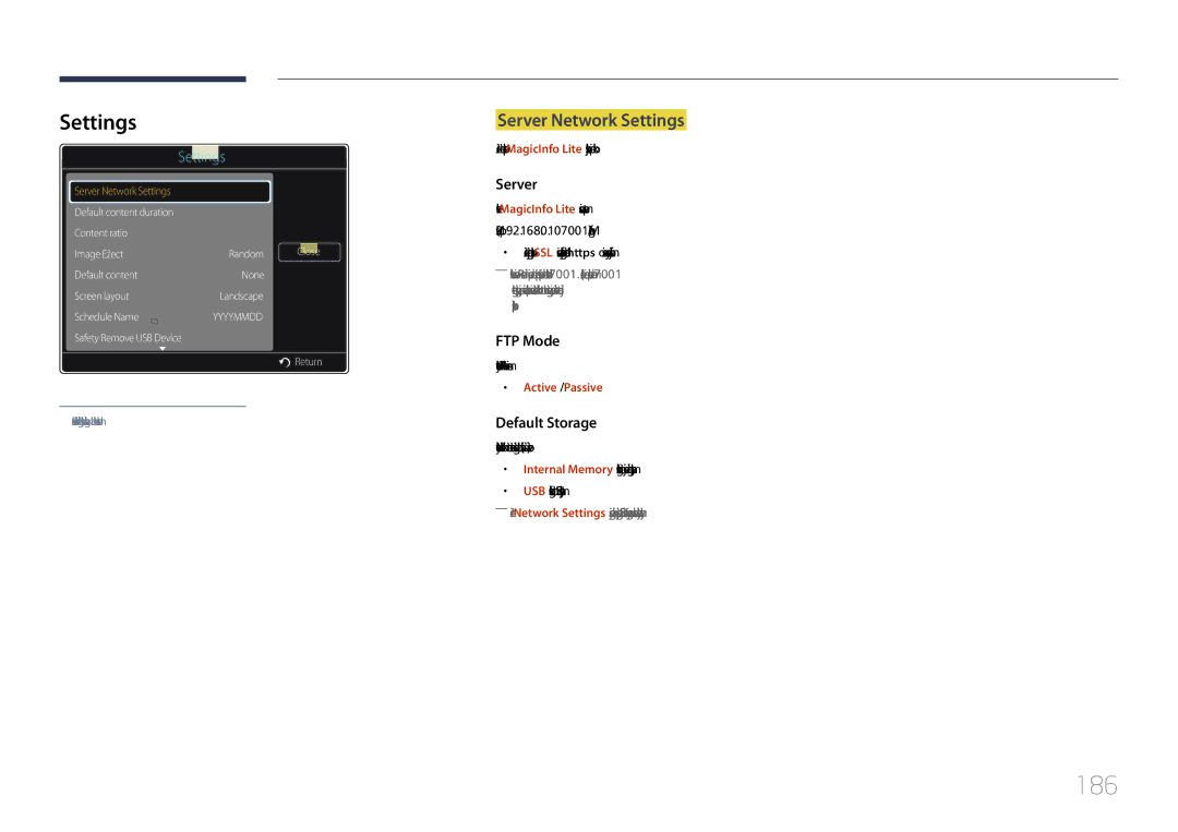 Samsung LH46MECPLGC/EN, LH32MECPLGC/EN 186, Server Network Settings, Nurodykite FTP veikimo režimą, Active / Passive 