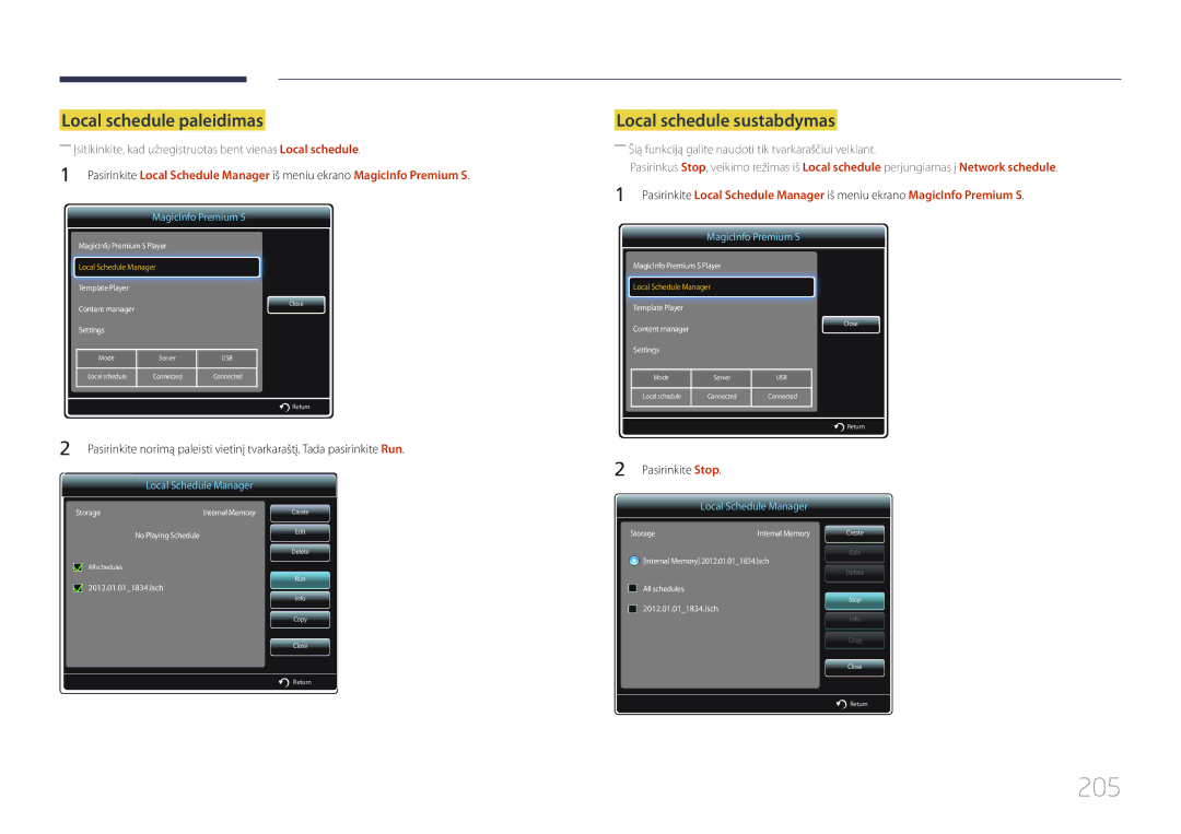 Samsung LH55MECPLGC/EN, LH32MECPLGC/EN, LH46MECPLGC/EN, LH40MECPLGC/EN manual 205, Local schedule paleidimas 