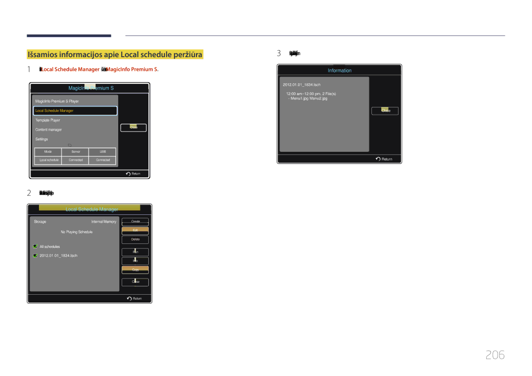 Samsung LH46MECPLGC/EN, LH32MECPLGC/EN, LH55MECPLGC/EN manual 206, Išsamios informacijos apie Local schedule peržiūra 