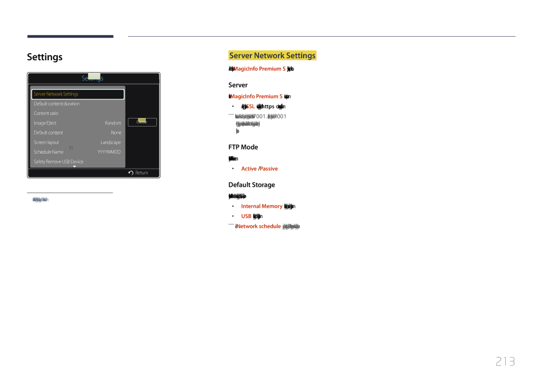 Samsung LH55MECPLGC/EN, LH32MECPLGC/EN, LH46MECPLGC/EN, LH40MECPLGC/EN manual 213, Settings 