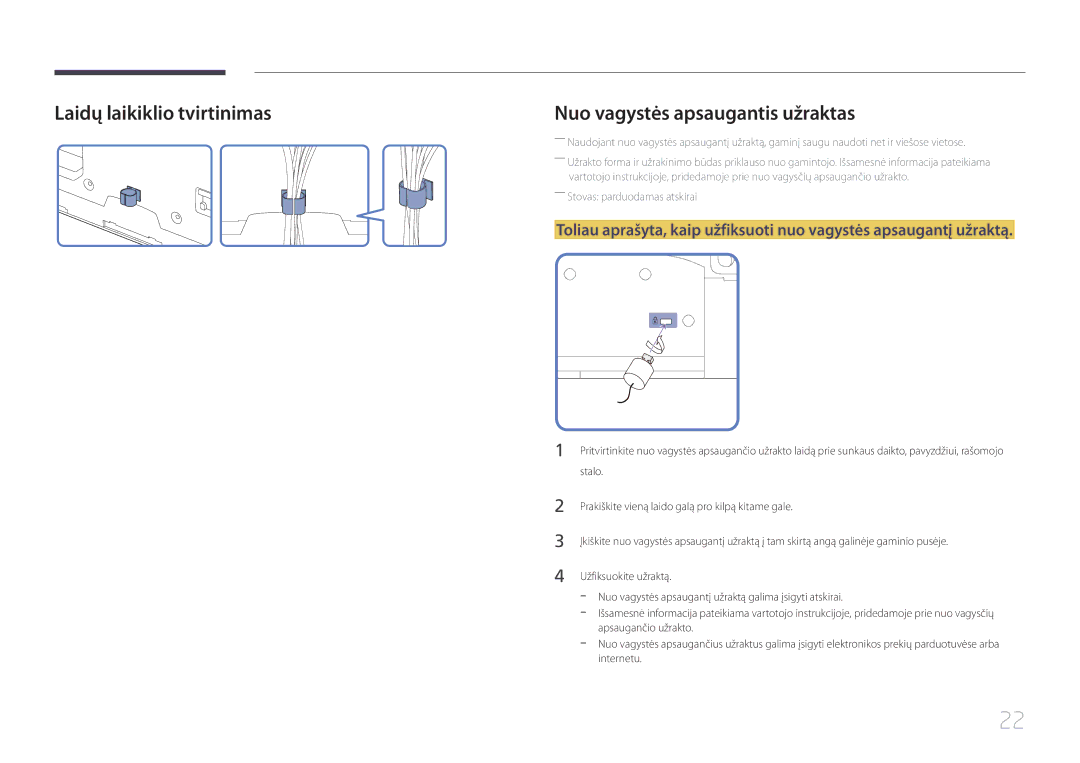 Samsung LH46MECPLGC/EN, LH32MECPLGC/EN, LH55MECPLGC/EN manual Laidų laikiklio tvirtinimas, Nuo vagystės apsaugantis užraktas 