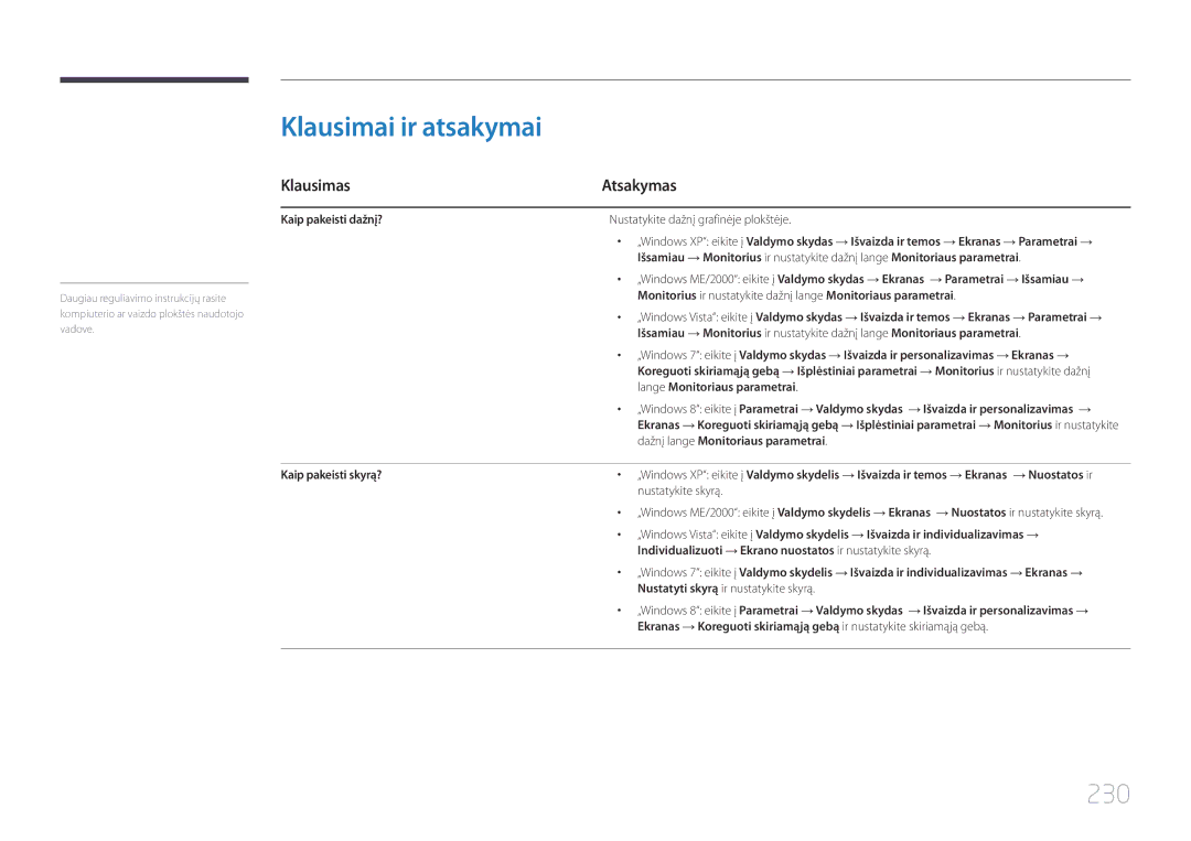 Samsung LH46MECPLGC/EN, LH32MECPLGC/EN, LH55MECPLGC/EN, LH40MECPLGC/EN manual Klausimai ir atsakymai, 230, Klausimas Atsakymas 