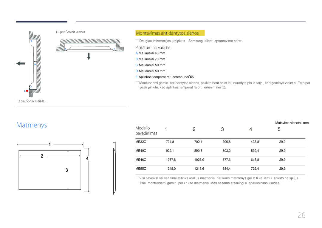 Samsung LH32MECPLGC/EN manual Matmenys, Montavimas ant dantytos sienos, Plokštuminis vaizdas, Modelio, Matavimo vienetai mm 