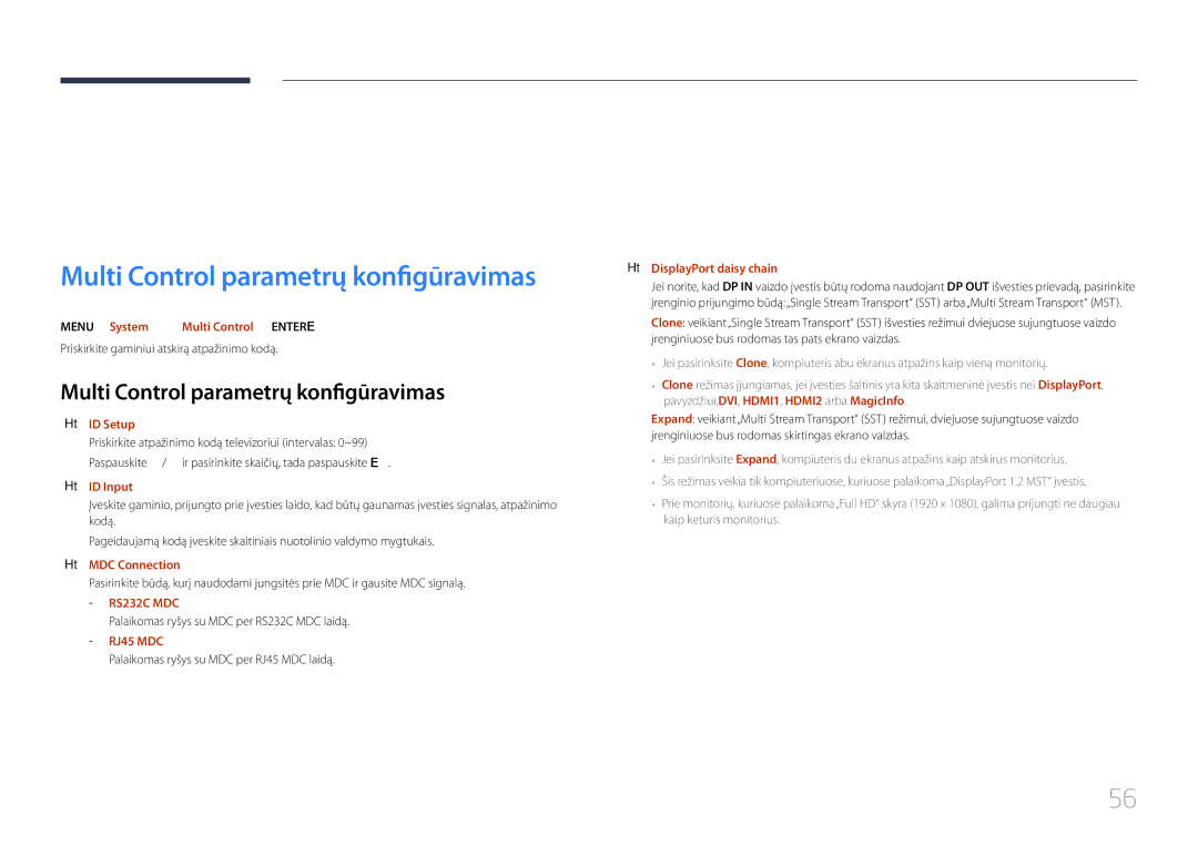 Samsung LH32MECPLGC/EN, LH55MECPLGC/EN, LH46MECPLGC/EN manual MDC naudojimas, Multi Control parametrų konfigūravimas 