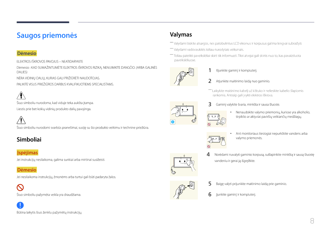 Samsung LH32MECPLGC/EN, LH55MECPLGC/EN, LH46MECPLGC/EN, LH40MECPLGC/EN manual Saugos priemonės, Valymas, Simboliai, Dėmesio 