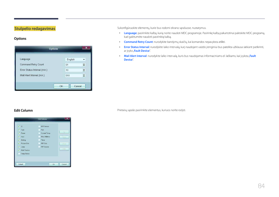 Samsung LH32MECPLGC/EN, LH55MECPLGC/EN, LH46MECPLGC/EN, LH40MECPLGC/EN manual Stulpelio redagavimas, Options Edit Column 