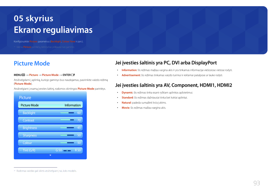 Samsung LH55MECPLGC/EN manual Ekrano reguliavimas, Picture Mode, Jei įvesties šaltinis yra PC, DVI arba DisplayPort 