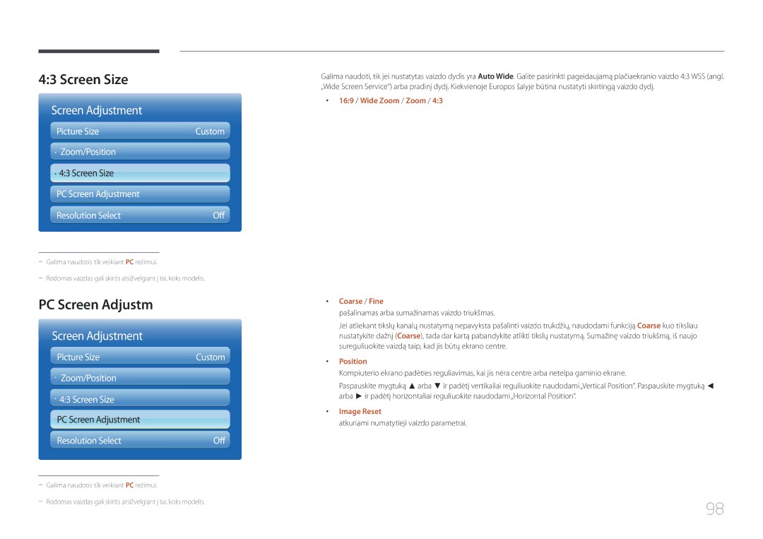 Samsung LH46MECPLGC/EN manual Screen Size, PC Screen Adjustm, 169 / Wide Zoom / Zoom Coarse / Fine, Position, Image Reset 