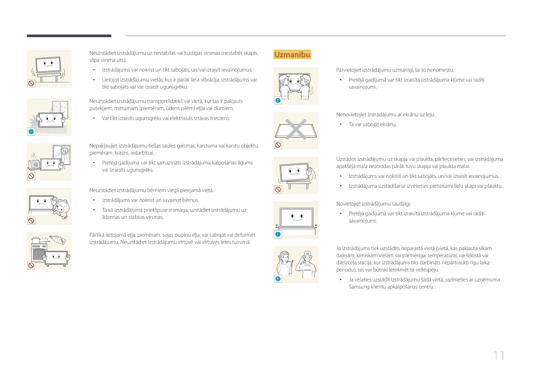 Samsung LH40MECPLGC/EN manual Slīpa virsma utt, Tikt sabojāts vai var izraisīt ugunsgrēku, Piemēram, krāsns, iedarbībai 