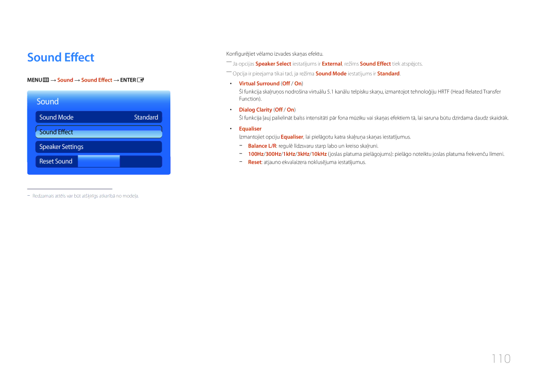 Samsung LH46MECPLGC/EN, LH32MECPLGC/EN, LH55MECPLGC/EN manual Sound Effect, 110, Sound Mode, Speaker Settings Reset Sound 