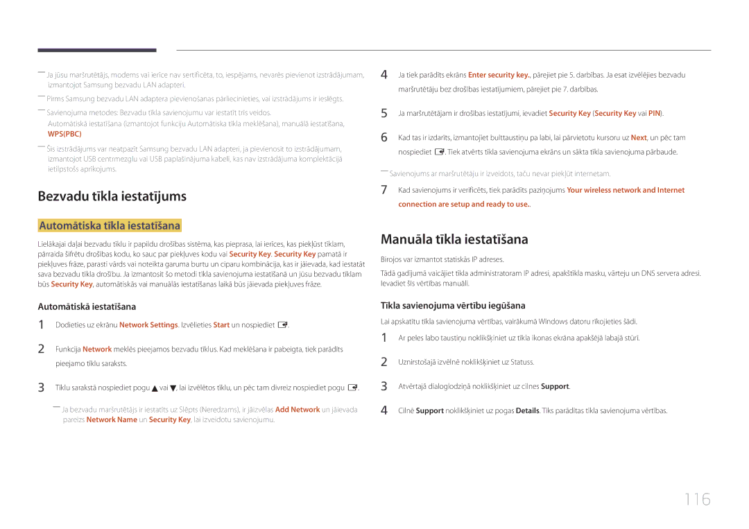 Samsung LH32MECPLGC/EN manual 116, Bezvadu tīkla iestatījums, Manuāla tīkla iestatīšana, Automātiska tīkla iestatīšana 