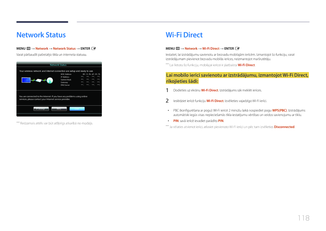 Samsung LH46MECPLGC/EN, LH32MECPLGC/EN, LH55MECPLGC/EN Wi-Fi Direct, 118, Menu m → Network → Network Status → Enter E 