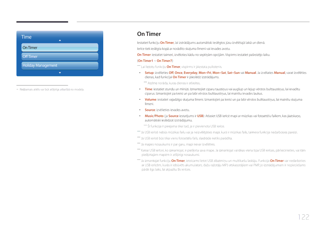 Samsung LH46MECPLGC/EN, LH32MECPLGC/EN, LH55MECPLGC/EN manual 122, Off Timer Holiday Management, On Timer1 ~ On Timer7 