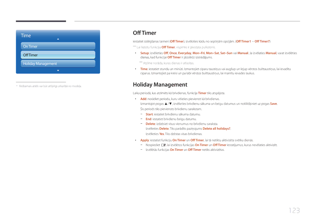 Samsung LH40MECPLGC/EN, LH32MECPLGC/EN, LH55MECPLGC/EN, LH46MECPLGC/EN manual 123, Off Timer, Holiday Management, On Timer 