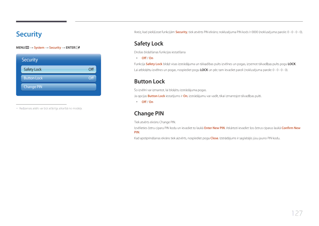 Samsung LH40MECPLGC/EN, LH32MECPLGC/EN, LH55MECPLGC/EN, LH46MECPLGC/EN Security, 127, Safety Lock, Button Lock, Change PIN 