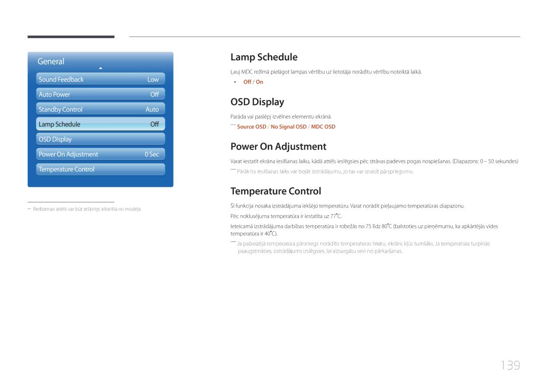 Samsung LH40MECPLGC/EN, LH32MECPLGC/EN manual 139, Lamp Schedule, OSD Display, Power On Adjustment, Temperature Control 