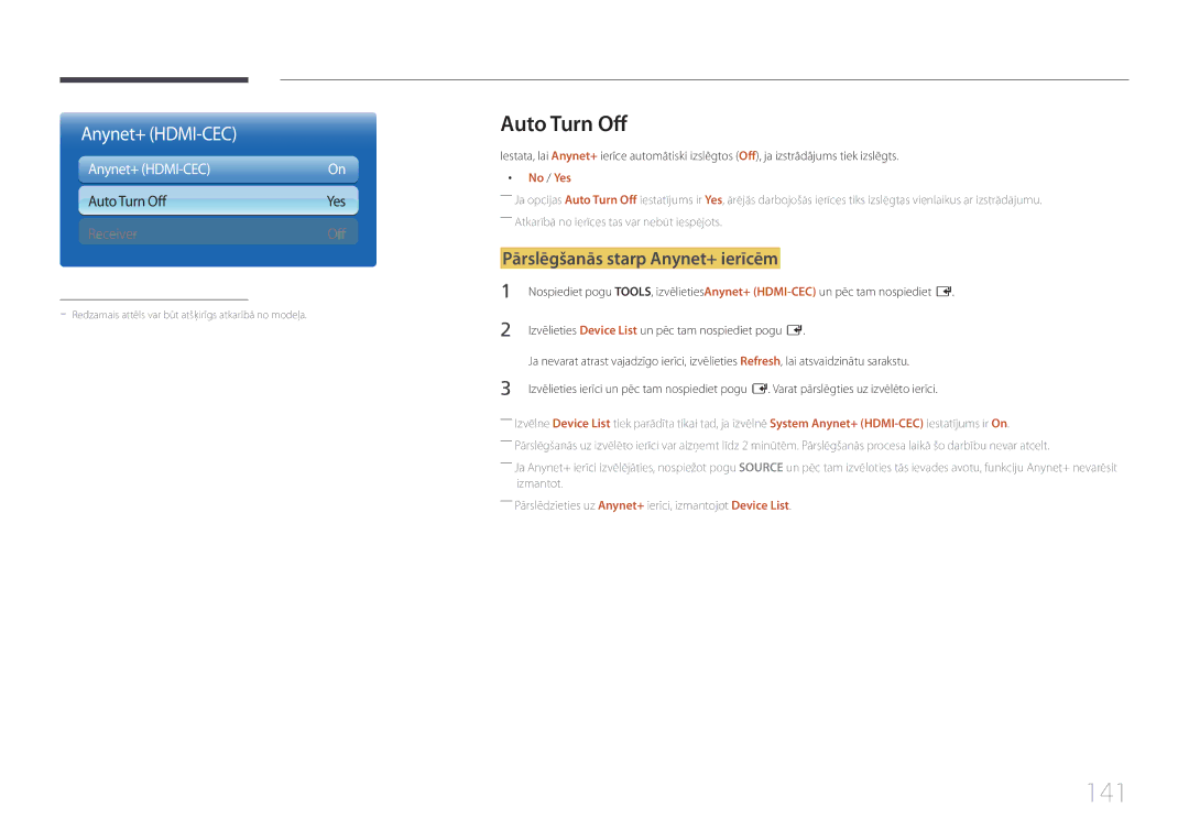Samsung LH55MECPLGC/EN manual 141, Pārslēgšanās starp Anynet+ ierīcēm, Anynet+ HDMI-CEC Auto Turn Off, No / Yes 