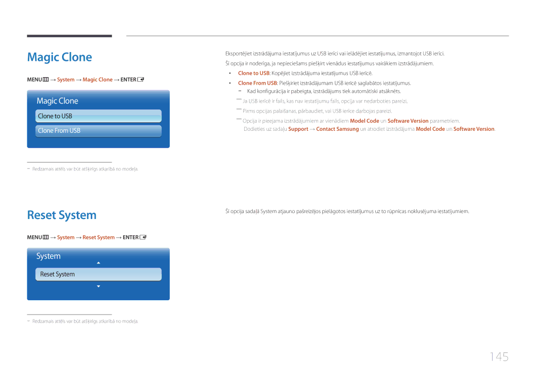 Samsung LH55MECPLGC/EN, LH32MECPLGC/EN, LH46MECPLGC/EN, LH40MECPLGC/EN manual Magic Clone, Reset System, 145, Clone From USB 