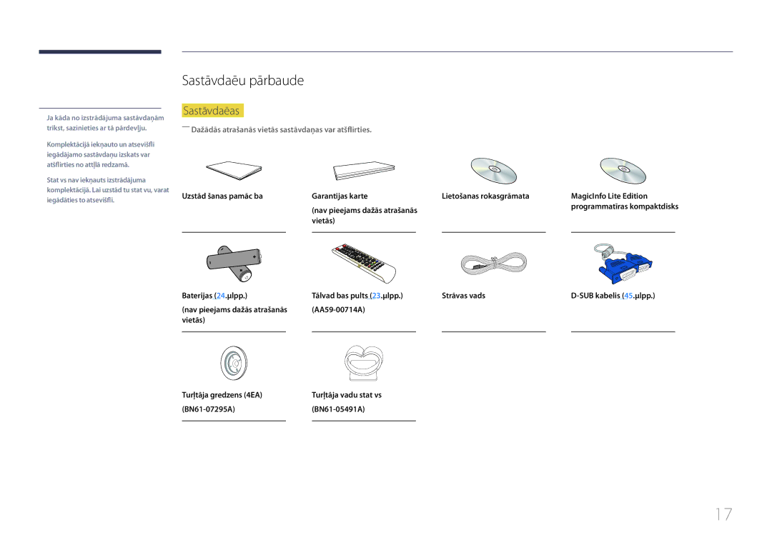 Samsung LH55MECPLGC/EN, LH32MECPLGC/EN, LH46MECPLGC/EN, LH40MECPLGC/EN manual Sastāvdaļu pārbaude, Sastāvdaļas 