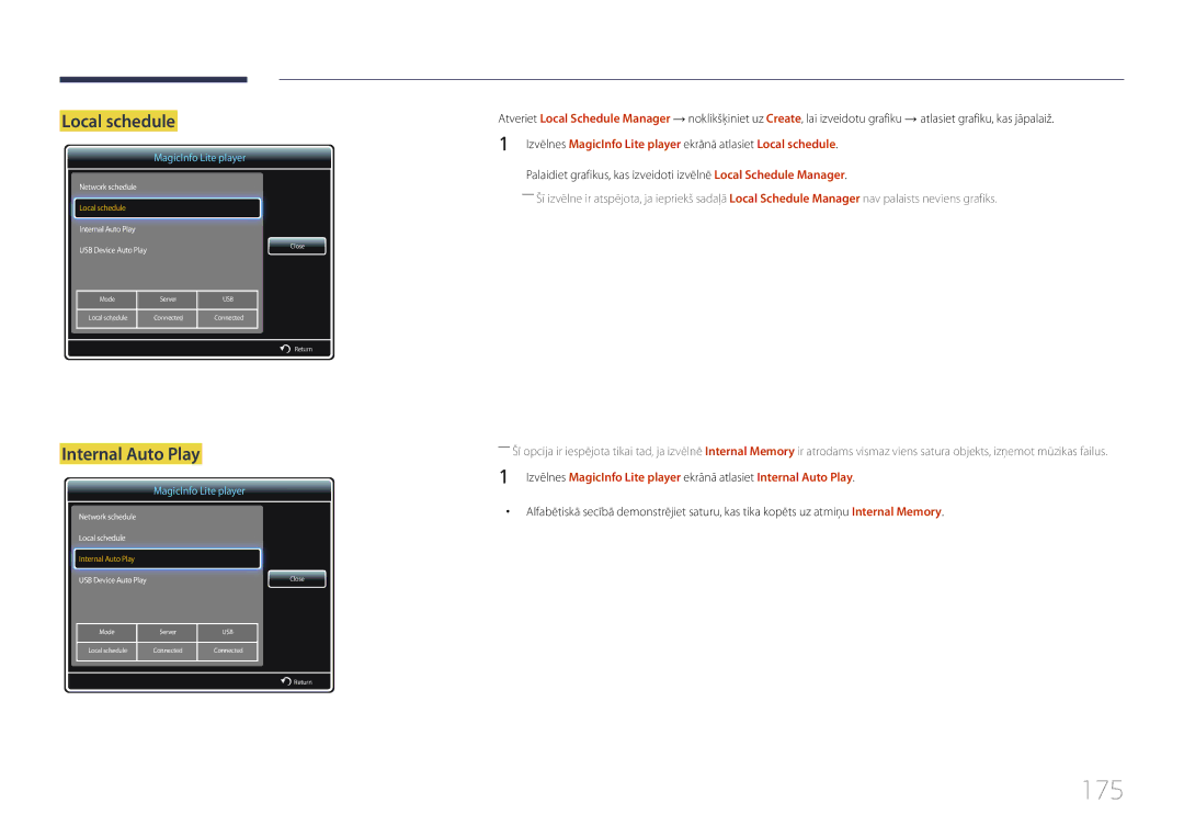 Samsung LH40MECPLGC/EN, LH32MECPLGC/EN, LH55MECPLGC/EN, LH46MECPLGC/EN manual 175, Local schedule, Internal Auto Play 