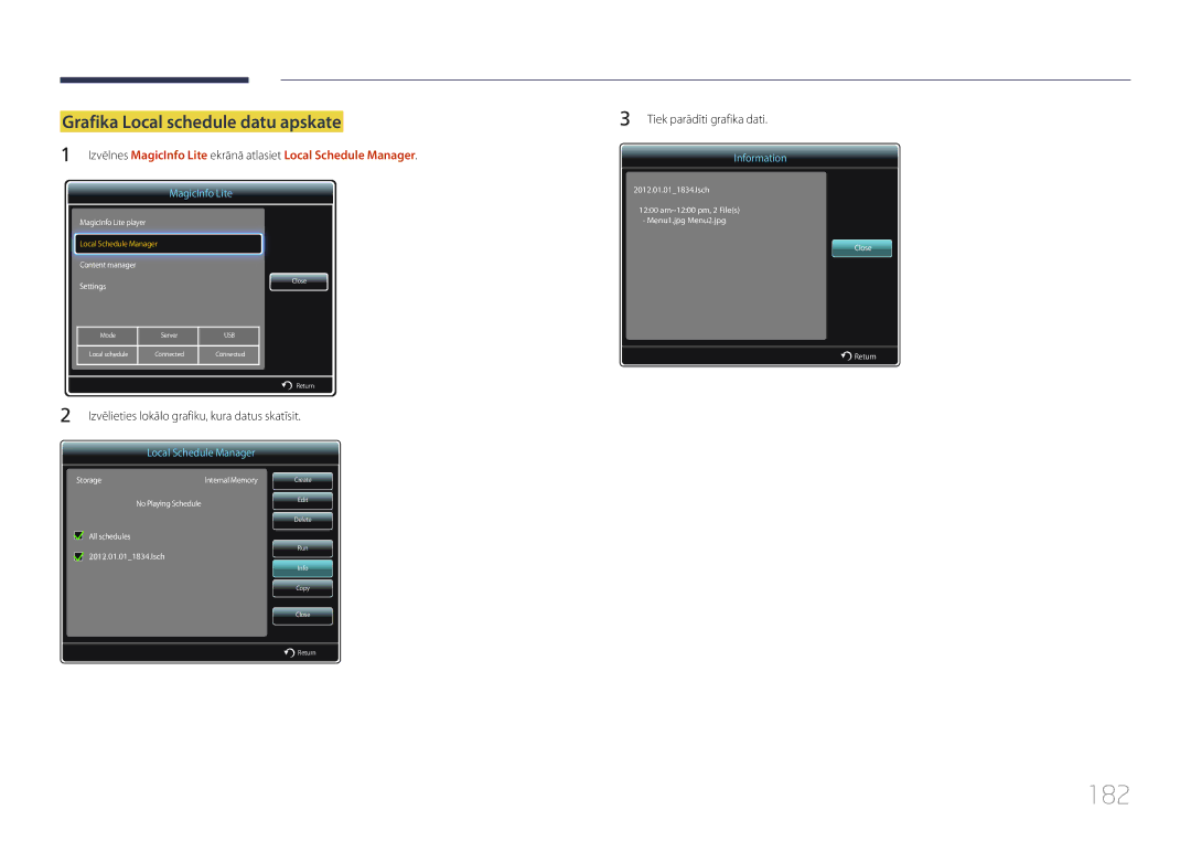 Samsung LH46MECPLGC/EN, LH32MECPLGC/EN, LH55MECPLGC/EN, LH40MECPLGC/EN manual 182, Grafika Local schedule datu apskate 