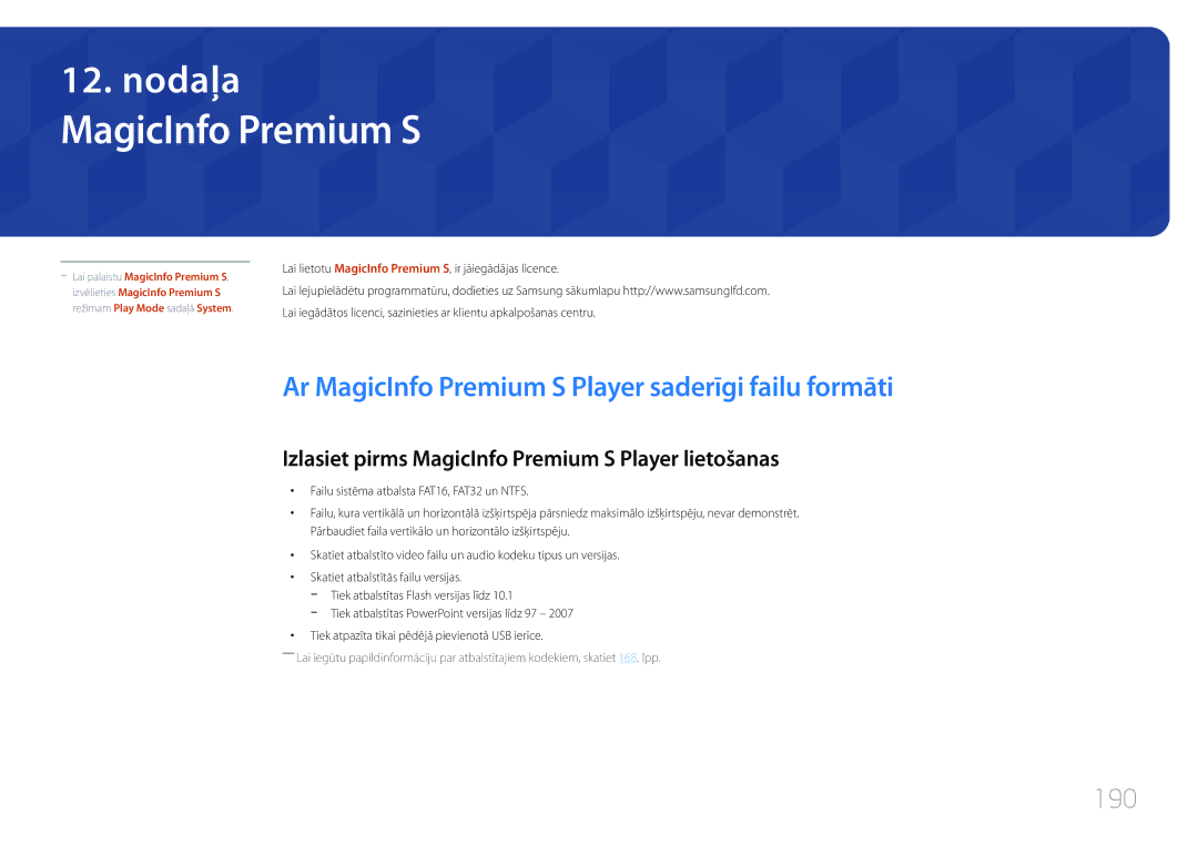 Samsung LH46MECPLGC/EN, LH32MECPLGC/EN, LH55MECPLGC/EN manual Ar MagicInfo Premium S Player saderīgi failu formāti, 190 