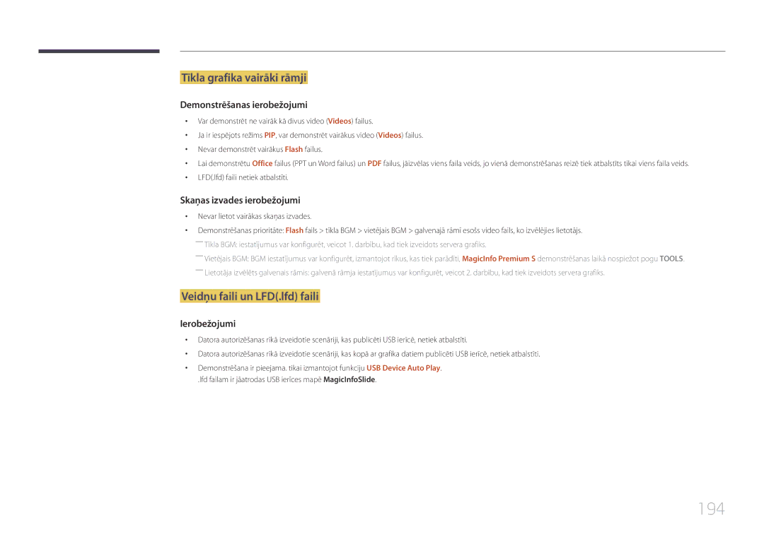 Samsung LH46MECPLGC/EN, LH32MECPLGC/EN, LH55MECPLGC/EN manual 194, Tīkla grafika vairāki rāmji, Veidņu faili un LFD.lfd faili 