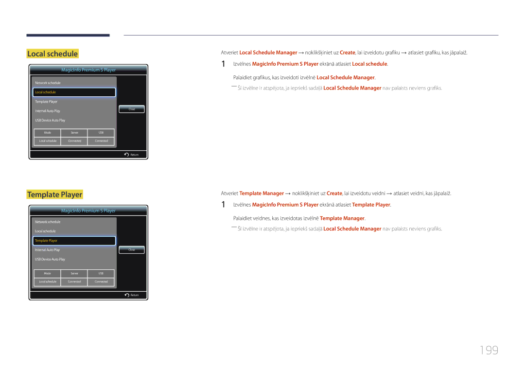 Samsung LH40MECPLGC/EN, LH32MECPLGC/EN, LH55MECPLGC/EN, LH46MECPLGC/EN manual 199, Template Player 