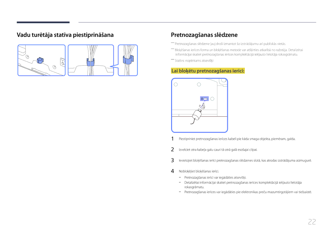 Samsung LH46MECPLGC/EN, LH32MECPLGC/EN manual Vadu turētāja statīva piestiprināšana, Lai bloķētu pretnozagšanas ierīci 