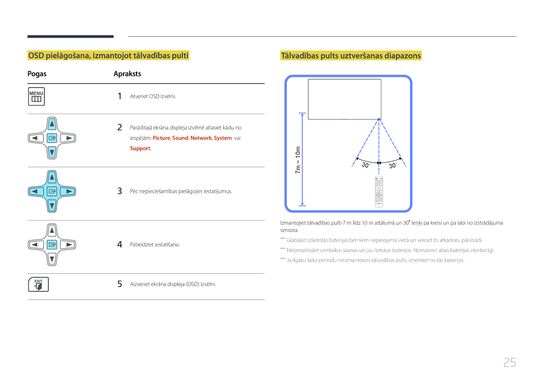 Samsung LH55MECPLGC/EN manual OSD pielāgošana, izmantojot tālvadības pulti, Tālvadības pults uztveršanas diapazons, Support 