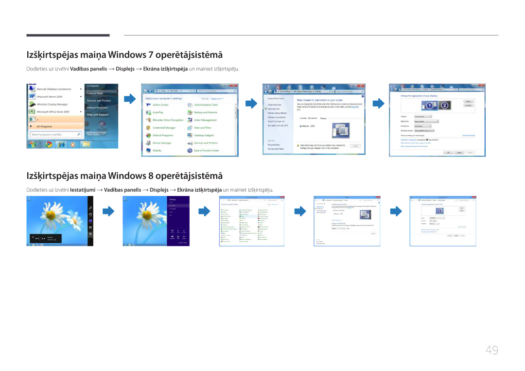 Samsung LH55MECPLGC/EN manual Izšķirtspējas maiņa Windows 7 operētājsistēmā, Izšķirtspējas maiņa Windows 8 operētājsistēmā 