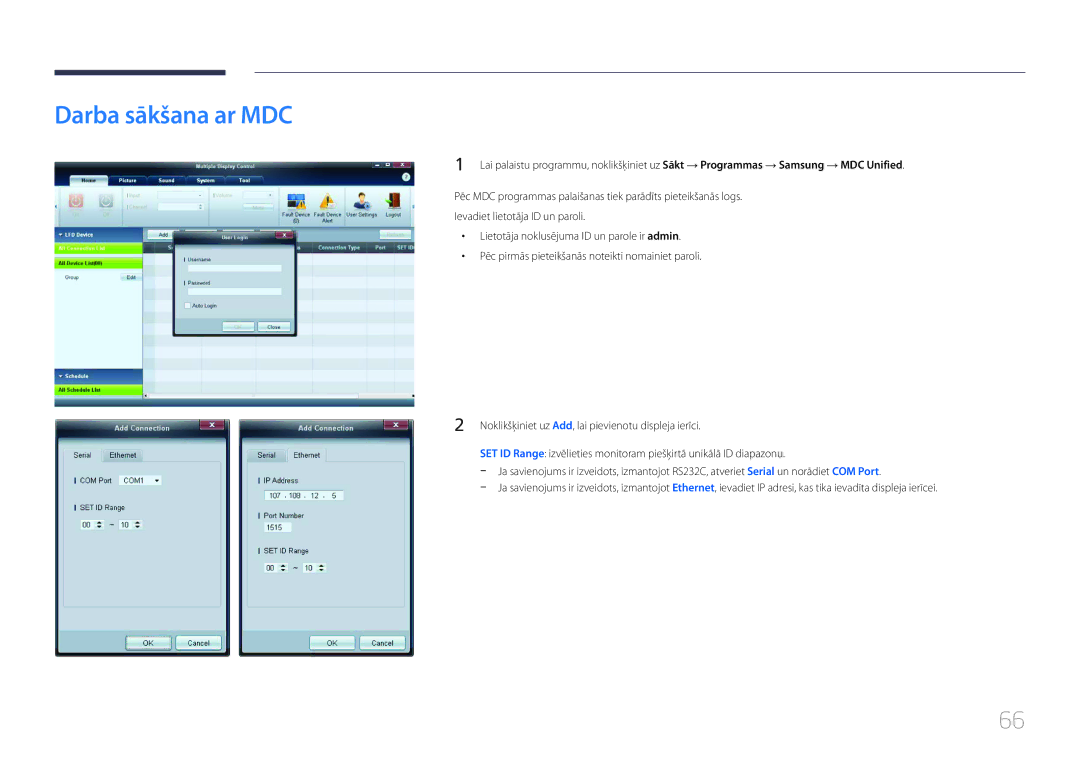 Samsung LH46MECPLGC/EN, LH32MECPLGC/EN, LH55MECPLGC/EN, LH40MECPLGC/EN manual Darba sākšana ar MDC 