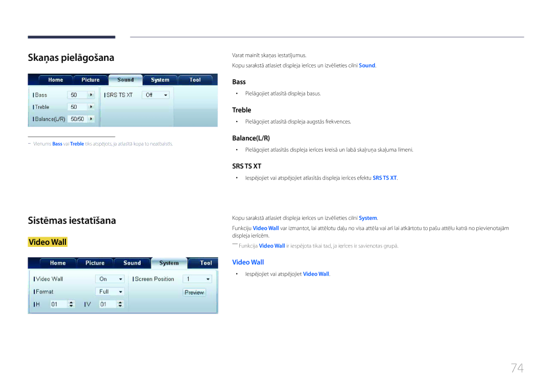 Samsung LH46MECPLGC/EN, LH32MECPLGC/EN manual Skaņas pielāgošana, Sistēmas iestatīšana, Pielāgojiet atlasītā displeja basus 