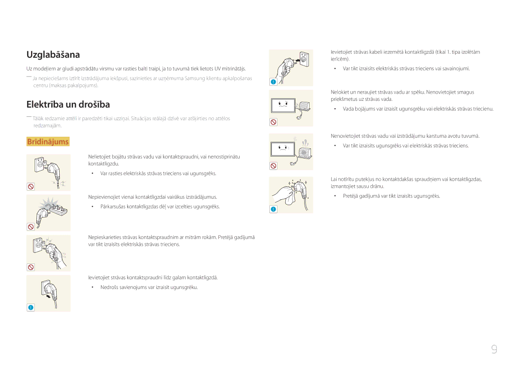 Samsung LH55MECPLGC/EN, LH32MECPLGC/EN, LH46MECPLGC/EN, LH40MECPLGC/EN manual Uzglabāšana, Elektrība un drošība 