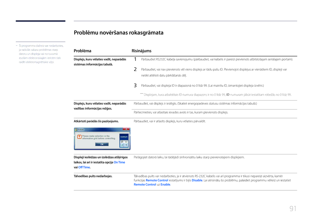 Samsung LH40MECPLGC/EN, LH32MECPLGC/EN, LH55MECPLGC/EN, LH46MECPLGC/EN Problēmu novēršanas rokasgrāmata, Problēma Risinājums 