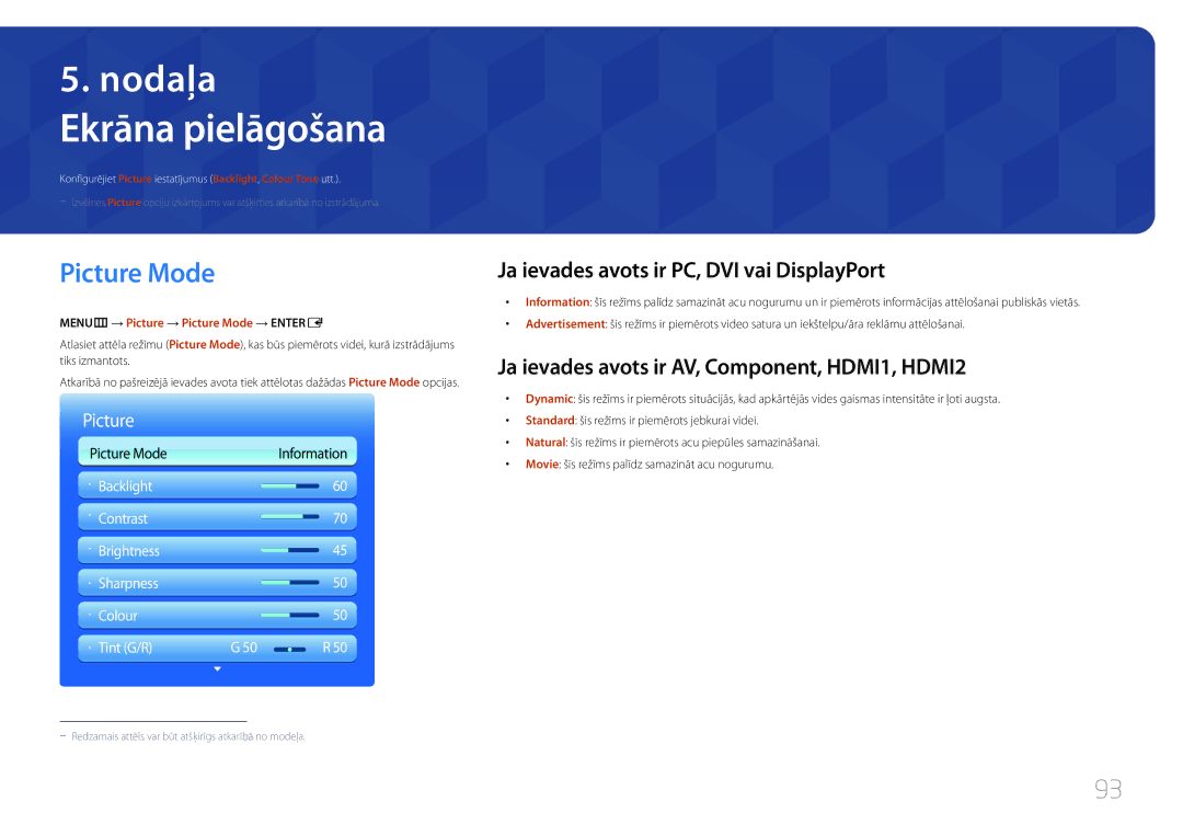 Samsung LH55MECPLGC/EN, LH32MECPLGC/EN manual Ekrāna pielāgošana, Picture Mode, Ja ievades avots ir PC, DVI vai DisplayPort 