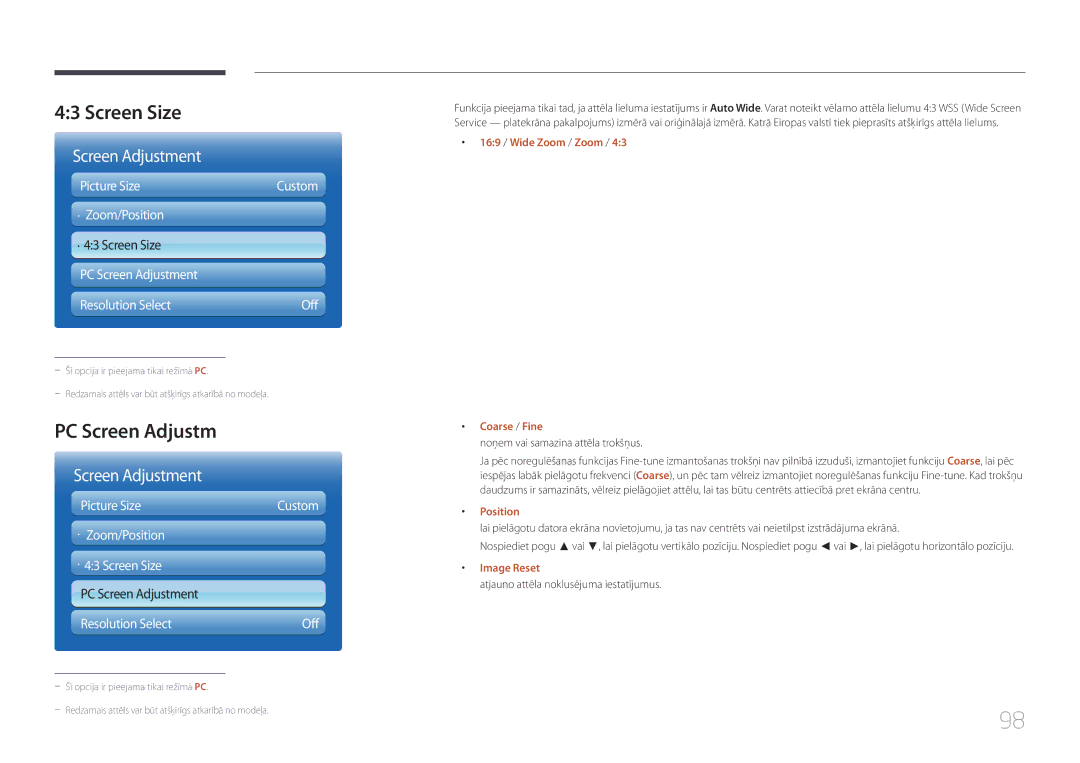 Samsung LH46MECPLGC/EN, LH32MECPLGC/EN manual Screen Size, · Zoom/Position, PC Screen Adjustment Resolution Select 